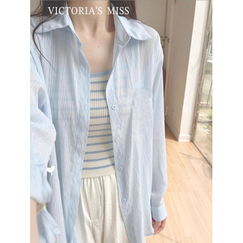 英國VICTORIA'S MISS藍色輕薄款防曬衣長袖女夏季寬松慵懶襯衣女