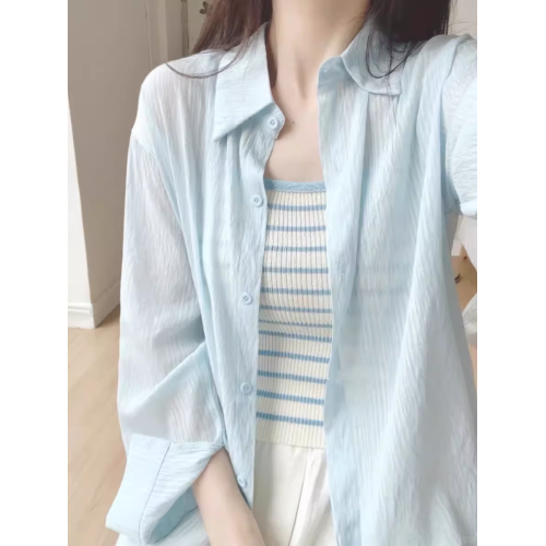 英國VICTORIA'S MISS藍色輕薄款防曬衣長袖女夏季寬松慵懶襯衣女