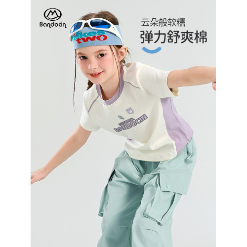 半度閒女童夏裝短袖t恤洋氣中大童2025新款兒童夏季運動上衣彈力T