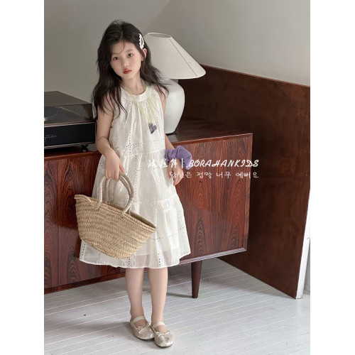 波拉韓法式連衣裙女童夏季裙子2025新款兒童無袖背心裙小女孩長裙