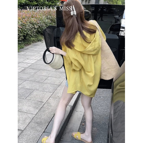 英國VICTORIA'S MISS薄款黃色連帽防曬衣襯衫外套女夏季新款上衣