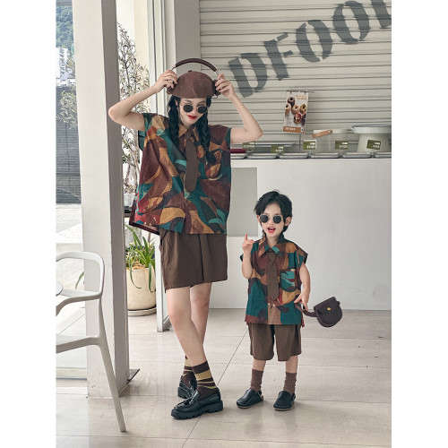 復古風親子裝背帶褲母子裝套裝男女童洋氣時髦短褲無袖T恤襯衫潮5