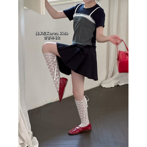 甜美女孩蕾絲拼接上衣2025新款洋氣女童夏裝兒童短袖T恤修身短款