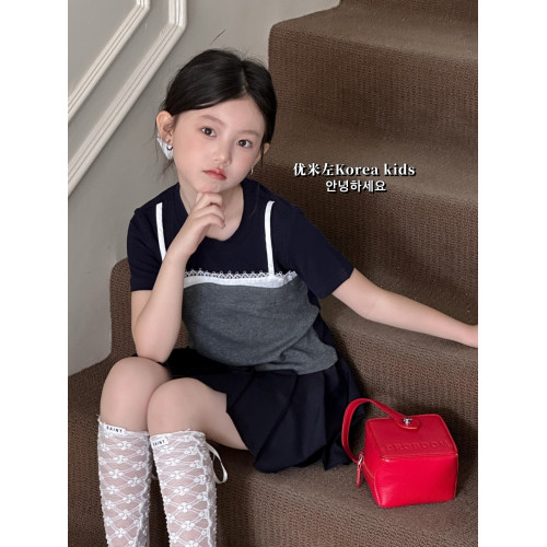 甜美女孩蕾絲拼接上衣2025新款洋氣女童夏裝兒童短袖T恤修身短款
