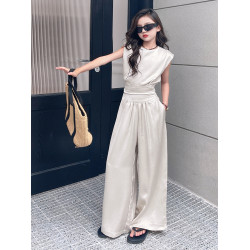 女童緞面夏季套裝2025新款洋氣時髦兒童無袖親子裝濶腿褲兩件套夏