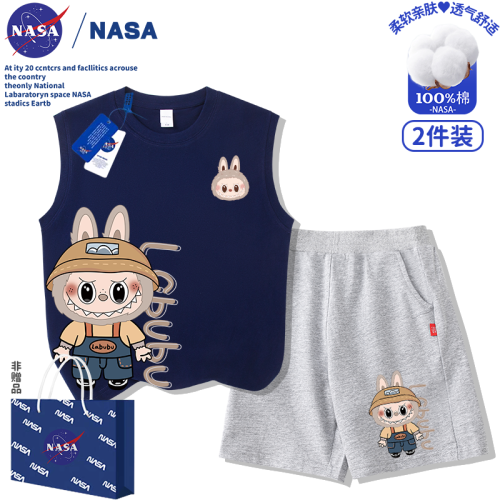 NASA拉布布labubu兒童男女童裝純棉無袖背心短褲T恤2025新款套裝