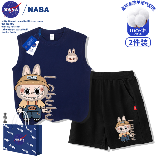 NASA拉布布labubu兒童男女童裝純棉無袖背心短褲T恤2025新款套裝
