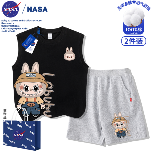 NASA拉布布labubu兒童男女童裝純棉無袖背心短褲T恤2025新款套裝