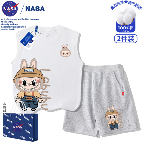 NASA拉布布labubu兒童男女童裝純棉無袖背心短褲T恤2025新款套裝