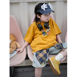 親子裝T恤衫黃色米奇短袖T恤2025夏新款韓系男童女童純棉休閒上衣