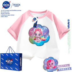 NASA女童奇妙萌可變臉上衣服T夏季女孩洋氣亮片變圖案純棉短袖t恤