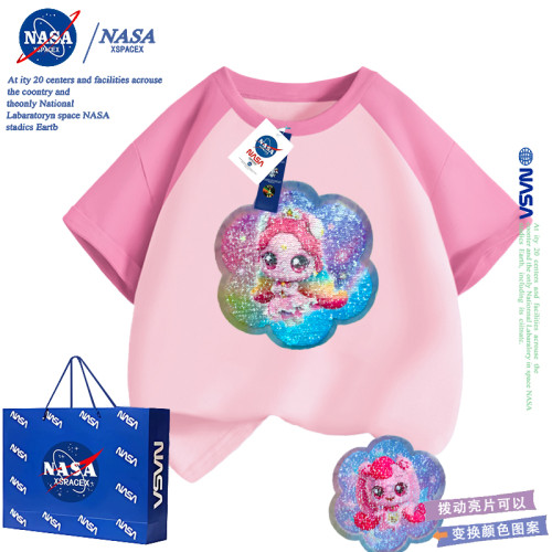NASA女童奇妙萌可變臉上衣服T夏季女孩洋氣亮片變圖案純棉短袖t恤