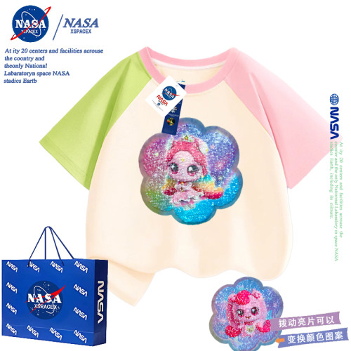 NASA女童奇妙萌可變臉上衣服T夏季女孩洋氣亮片變圖案純棉短袖t恤
