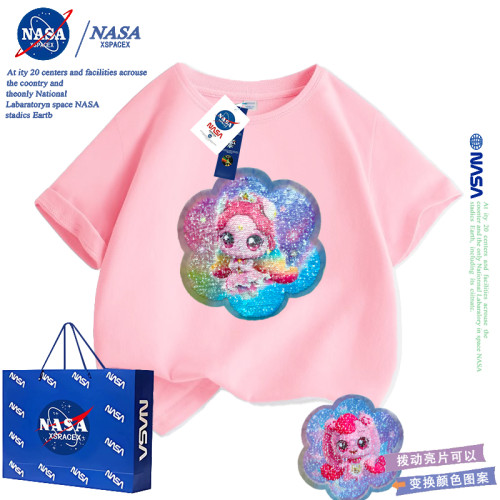NASA女童奇妙萌可變臉上衣服T夏季女孩洋氣亮片變圖案純棉短袖t恤