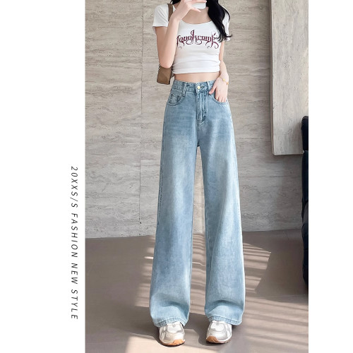 直筒牛仔褲女夏季薄款2025年新款高腰寬松小個子淺色窄版濶腿褲子