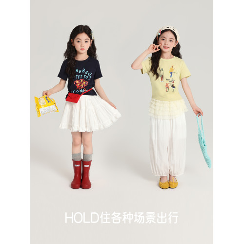 布丁哈魯童裝夏裝女童圓領短袖2026夏季新款兒童百搭休閒卡通T恤