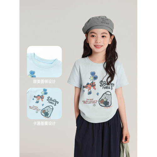 布丁哈魯童裝夏裝女童圓領短袖2026夏季新款兒童百搭休閒卡通T恤