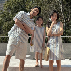 韓系男女童親子裝夏天一家三口司空母女裝條紋背心連衣裙兄妹套裝