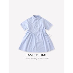 親子裝一家三口夏季2025新款短袖襯衫炸街母子母女全家裝連衣裙