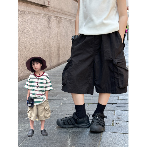 依依媽男童工裝短褲兒童夏裝薄款寶寶寬鬆純色直筒水洗休閒五分褲