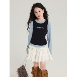 布丁哈魯童裝秋裝女童百搭上衣2026春秋新款兒童假兩件字母T恤