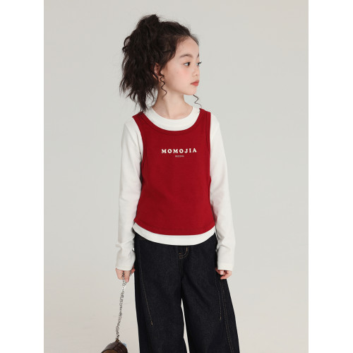 布丁哈魯童裝秋裝女童百搭上衣2026春秋新款兒童假兩件字母T恤