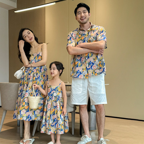 海邊沙灘母女裝連衣裙親子裝夏復古碎花短袖父子襯衫三亞旅遊拍照