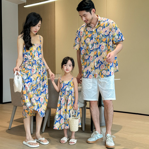海邊沙灘母女裝連衣裙親子裝夏復古碎花短袖父子襯衫三亞旅遊拍照