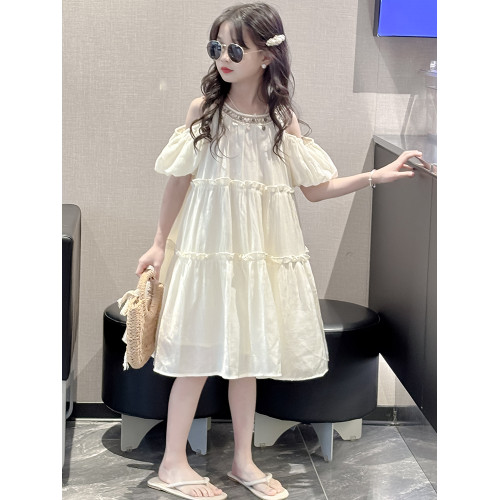 女童夏裝一字肩連衣裙洋氣兒童露肩公主裙女大童裝裙子女孩沙灘裙