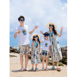 親子裝夏裝全家裝母女裝三亞海邊一家三口四口沙灘裝寬松旅遊度假