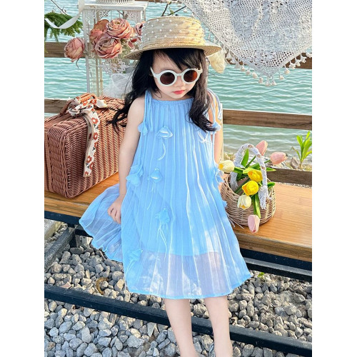海邊度假親子裝母女裝夏季海南三亞沙灘適合旅遊拍照的藍色連衣裙