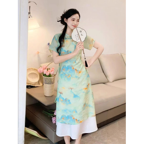嬰兒親子裝夏季漢服短袖套裝一家三口2025復古國風母女旗袍連衣裙