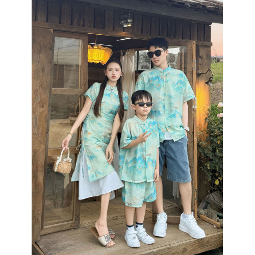 嬰兒親子裝夏季漢服短袖套裝一家三口2025復古國風母女旗袍連衣裙