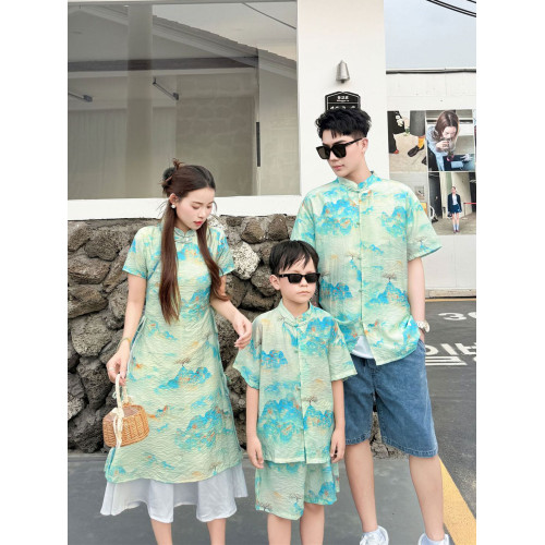 嬰兒親子裝夏季漢服短袖套裝一家三口2025復古國風母女旗袍連衣裙