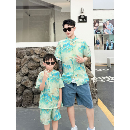 嬰兒親子裝夏季漢服短袖套裝一家三口2025復古國風母女旗袍連衣裙