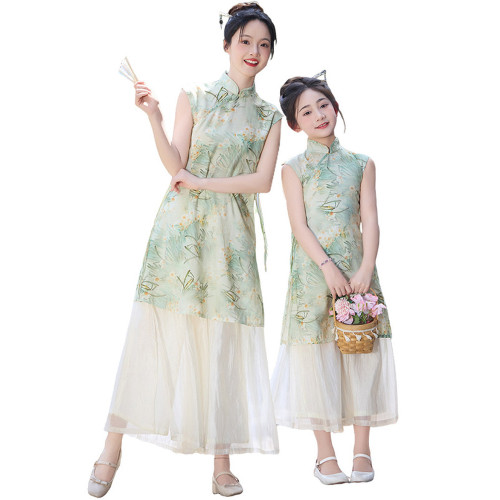 女童旗袍夏季新中式風兒童漢服連衣裙套裝2025新款親子裝母女