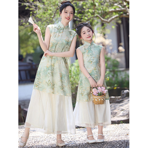 女童旗袍夏季新中式風兒童漢服連衣裙套裝2025新款親子裝母女
