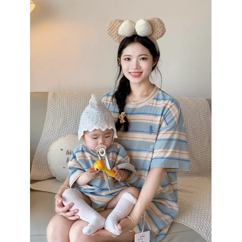 網紅炸街條紋小月齡親子裝夏裝短袖t恤一家三口四口母子母女裝潮