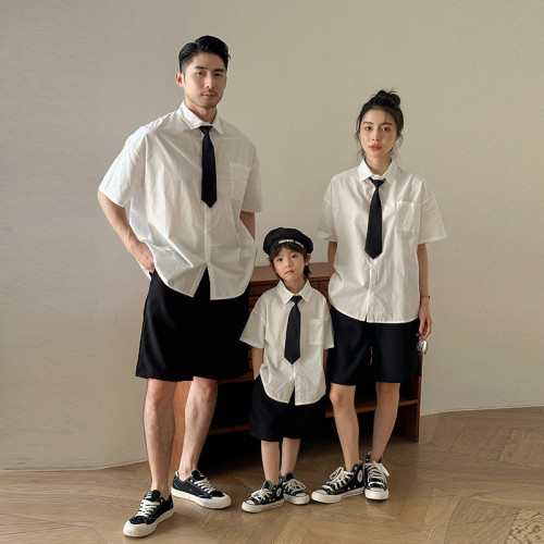 親子裝襯衫2025夏季韓版一家三四口領帶學院風短袖襯衣母女裝半袖