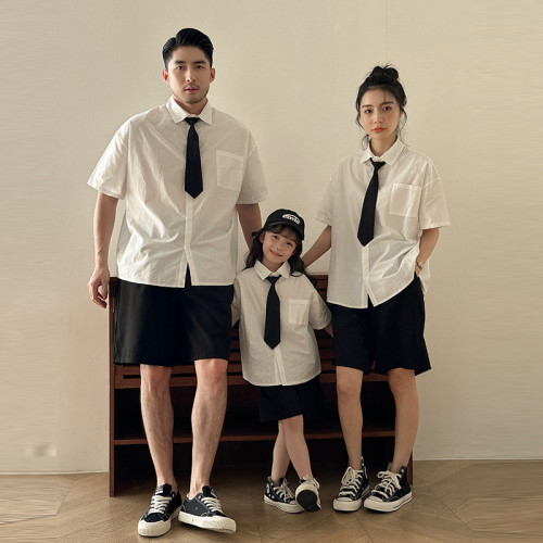 親子裝襯衫2025夏季韓版一家三四口領帶學院風短袖襯衣母女裝半袖