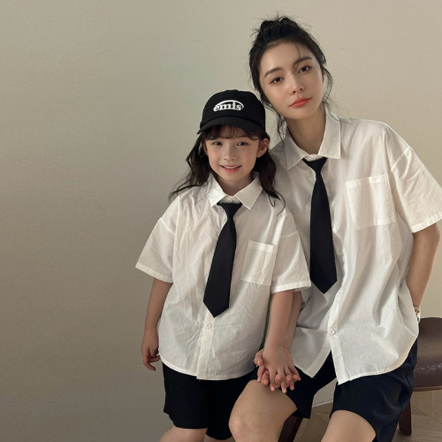 親子裝襯衫2025夏季韓版一家三四口領帶學院風短袖襯衣母女裝半袖
