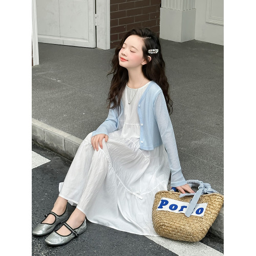 女童夏季連衣裙2025新款甜美度假風女孩百搭防曬衣背心裙子兩件套