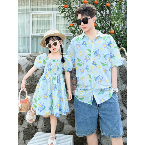三亞海邊度假親子裝母女裝款夏海灘島一家三口出遊碎花襯衫連衣裙