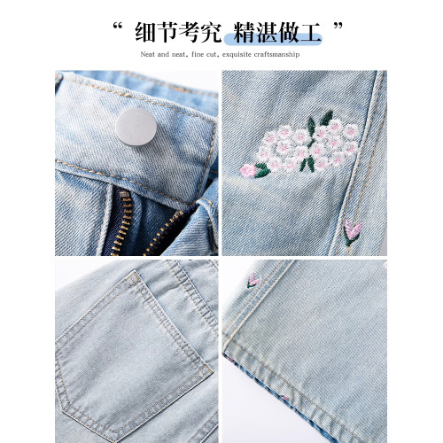 高級七分牛仔褲女夏薄款寬松垂感顯瘦國風刺綉休閒百搭直筒濶腿褲