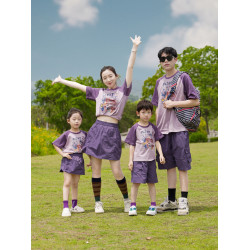 網紅親子裝一家三口四口母子母女裝夏季新款洋氣紫色純棉短袖T恤
