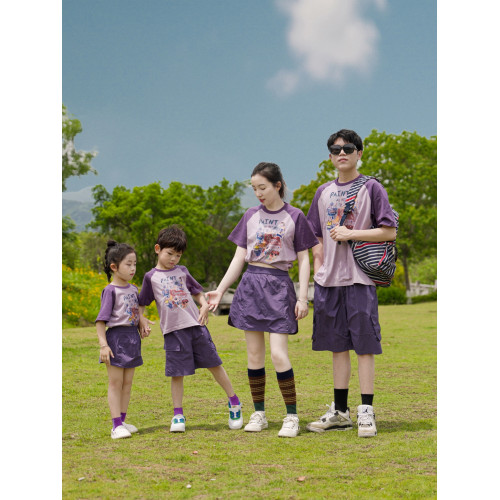網紅親子裝一家三口四口母子母女裝夏季新款洋氣紫色純棉短袖T恤