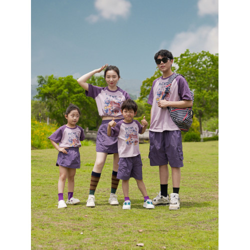 網紅親子裝一家三口四口母子母女裝夏季新款洋氣紫色純棉短袖T恤