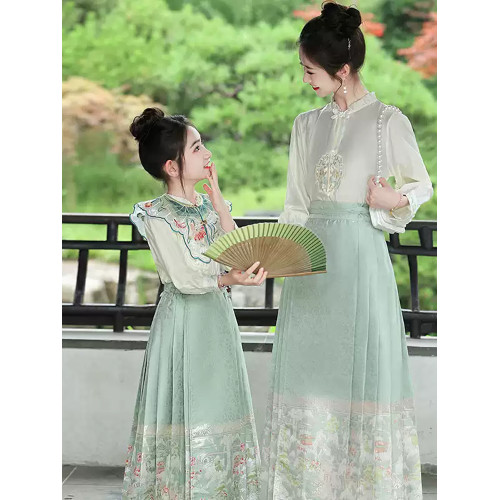 女童織金馬面裙套裝母女親子裝2025新款春秋裝古風漢服新中式禮服