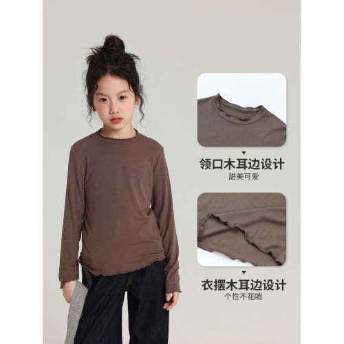 布丁哈魯童裝秋裝女童修身上衣2025春秋新款兒童純色木耳邊打底衫