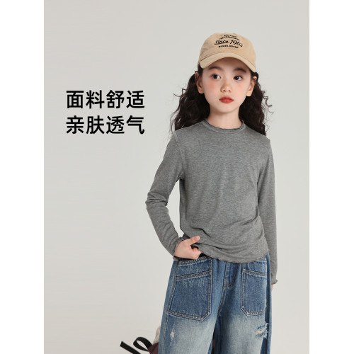 布丁哈魯童裝秋裝女童修身上衣2025春秋新款兒童純色木耳邊打底衫